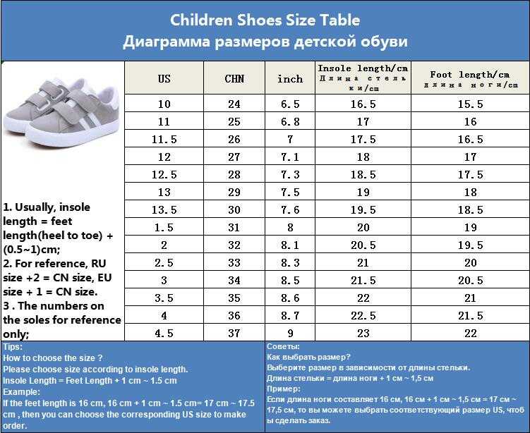Таблица размеров детской обуви