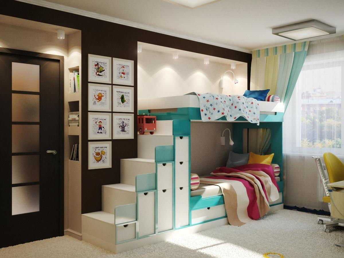 Детская комната для двоих: интерьер с рабочей зоной школьников, кровати в маленькой комнате, идеи дизайна для детей разного возраста - 36 фото